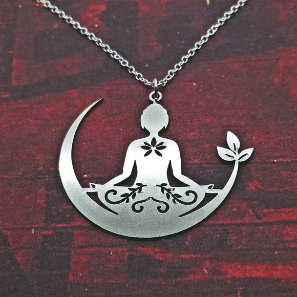 Buddha in Yoga & Crescent Moon Silver Necklace - Picture 3 of 4